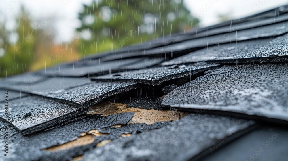 Damaged roof with missing shingles under rainy sky and blurred trees backdrop